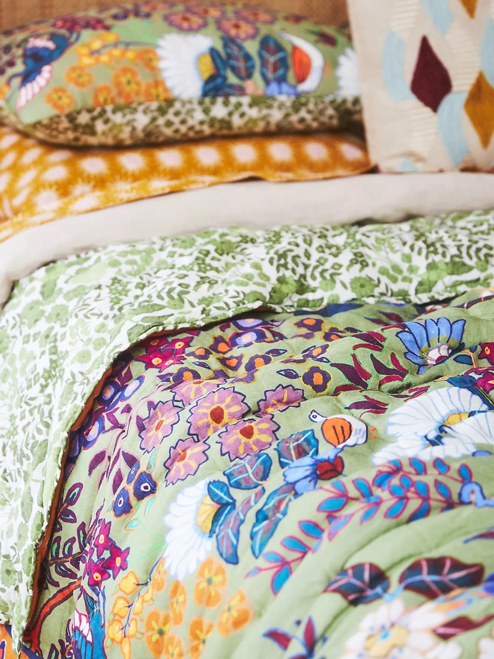 Anthropologie Jardin Folk Textured Cotton Queen Size Quilt with Two Shams - Picture 8 of 9